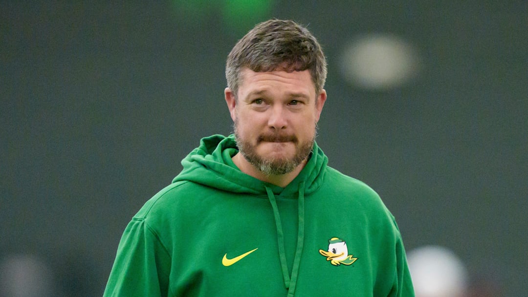 Oregon head coach Dan Lanning attends Oregon Pro Day on March 17, 2026, at the Moshofsky Center in Eugene, Oregon.