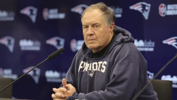 Nov 10, 2023; Frankfurt, Germany;  New England Patriots head coach Bill Belichick speaks to the media before an NFL International Series practice at the Deutcher Fussball-Bund facility. Mandatory Credit: Nathan Ray Seebeck-USA TODAY Sports