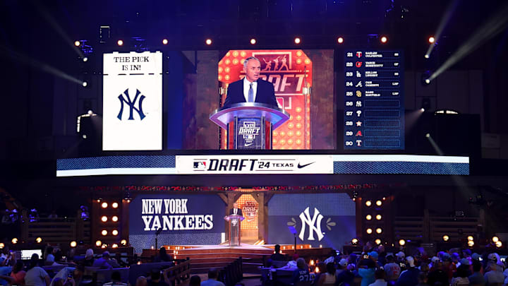 MLB Commissioner Rob Manfred announces the New York Yankees draft pick Ben Hess during the first round of the MLB Draft at Cowtown Coliseum