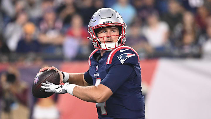 Aug 15, 2024; Foxborough, MA, USA; New England Patriots quarterback Bailey Zappe (4) looks to pass during the second half against the Philadelphia Eagles at Gillette Stadium. Mandatory Credit: Eric Canha-Imagn Images Aug 15, 2024; Foxborough, MA, USA; New England Patriots quarterback Bailey Zappe (4) looks to pass during the second half against the Philadelphia Eagles at Gillette Stadium. Mandatory Credit: Eric Canha-Imagn Images