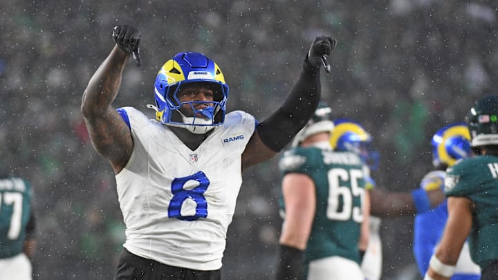 Los Angeles Rams linebacker Jared Verse (8) reacts after a play against the Philadelphia Eagles.