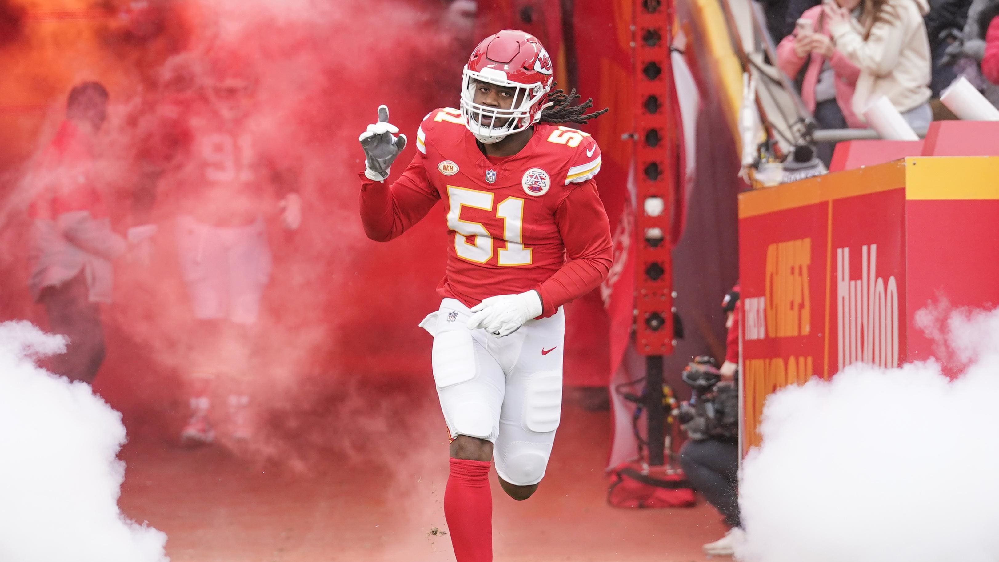 Mike Danna (51) is introduced against the Las Vegas Raiders prior to a game at GEHA Field at Arrowhead Stadium. 