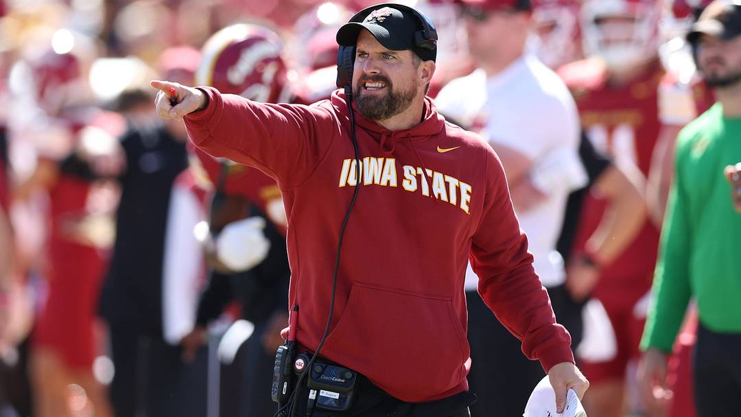 Oct 3, 2026; Ames, Iowa, USA;  Iowa State Cyclones head coach Jimmy Rogers watches his team play the West Virginia Mountaineers during the second half at Jack Trice Stadium.  Mandatory Credit: Reese Strickland-Imagn Images