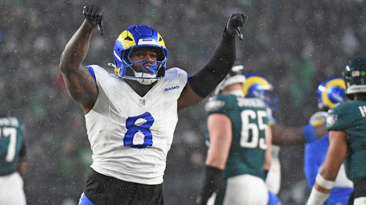 Los Angeles Rams linebacker Jared Verse (8) reacts after a play against the Philadelphia Eagles in an NFC divisional round game Los Angeles Rams linebacker Jared Verse (8) reacts after a play against the Philadelphia Eagles in an NFC divisional round game