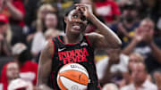 Aug 9, 2025; Indianapolis, IN, USA; Indiana Fever forward Natasha Howard (6) smiles Saturday, Aug. 9, 2025, during a game between the Indiana Fever and the Chicago Sky at Gainbridge Fieldhouse in Indianapolis.  Mandatory Credit: Grace Smith/USA TODAY Network via Imagn Images 