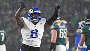 Jan 19, 2025; Philadelphia, Pennsylvania, USA; Los Angeles Rams linebacker Jared Verse (8) reacts after a play against the Philadelphia Eagles in a 2025 NFC divisional round game at Lincoln Financial Field. Mandatory Credit: Eric Hartline-Imagn Images