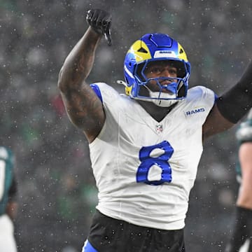 Jan 19, 2025; Philadelphia, Pennsylvania, USA; Los Angeles Rams linebacker Jared Verse (8) reacts after a play against the Philadelphia Eagles in a 2025 NFC divisional round game at Lincoln Financial Field. Mandatory Credit: Eric Hartline-Imagn Images