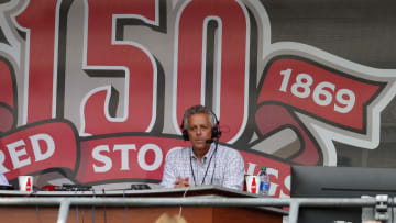 Sep 25, 2019; Cincinnati, OH, USA; Cincinnati Reds radio announcer Marty Brennaman (left) and his son Thom Brennaman (right) broadcast from a temporary radio booth in the seating bowl at the beginning of a game between the Milwaukee Brewers an the Cincinnati Reds at Great American Ball Park. Mandatory Credit: David Kohl-USA TODAY Sports