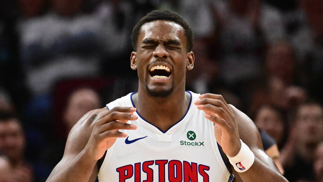 May 11, 2026; Cleveland, Ohio, USA; Detroit Pistons center Jalen Duren (0) reacts after a play against the Cleveland Cavaliers during the second half of game four in the second round of the 2026 NBA Playoffs at Rocket Arena. Mandatory Credit: Ken Blaze-Imagn Images