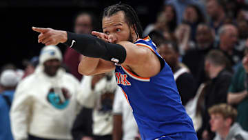 Feb 28, 2025; Memphis, Tennessee, USA; New York Knicks guard Jalen Brunson (11) reacts after a three point basket during the fourth quarter against the Memphis Grizzlies at FedExForum. Mandatory Credit: Petre Thomas-Imagn Images