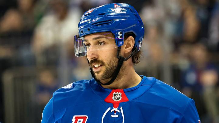 Apr 4, 2026; New York, New York, USA; New York Rangers center Vincent Trocheck (16) skates against the Detroit Red Wings during the first period at Madison Square Garden.