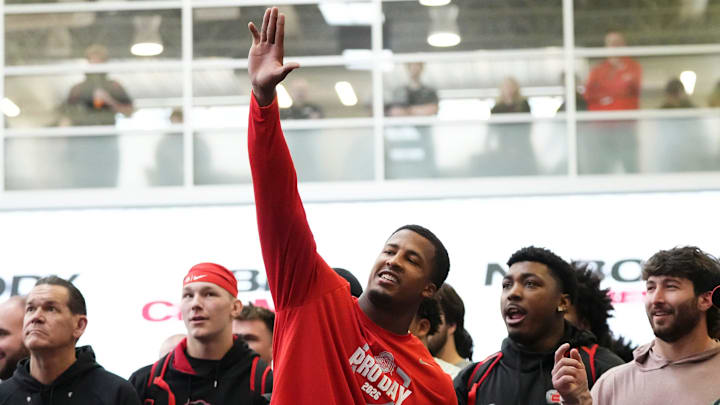 Ohio State Buckeyes linebacker Sonny Styles watches as teammates do the vertical jump test during Pro Day for NFL scouts at the Woody Hayes Athletics Center on March 25, 2026.