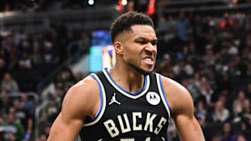 Nov 7, 2025; Milwaukee, Wisconsin, USA; Milwaukee Bucks forward Giannis Antetokounmpo (34) reacts after scoring a basket in the 3rd quarter against the Chicago Bulls at Fiserv Forum. Mandatory Credit: Benny Sieu-Imagn Images