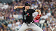 Aug 15, 2025; Denver, Colorado, USA; Arizona Diamondbacks starting pitcher Brandon Pfaadt (32) in the fourth inning against the Colorado Rockies at Coors Field. Mandatory Credit: Ron Chenoy-Imagn Images