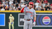 May 14, 2024; Phoenix, Arizona, USA;  Cincinnati Reds catcher Tyler Stephenson (37) celebrates a double in the fourth inning against the Arizona Diamondbacks at Chase Field. Mandatory Credit: Matt Kartozian-Imagn Images
