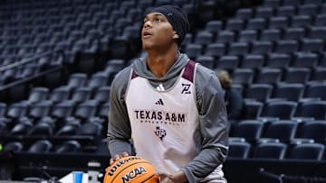 Mar 19, 2025; Denver, CO, USA; Texas A&M Aggies guard Zhuric Phelps (1) during practice at Ball Arena. Mandatory Credit: Ron Chenoy-Imagn Images