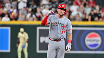 May 14, 2024; Phoenix, Arizona, USA;  Cincinnati Reds catcher Tyler Stephenson (37) celebrates a double in the fourth inning against the Arizona Diamondbacks at Chase Field. Mandatory Credit: Matt Kartozian-Imagn Images