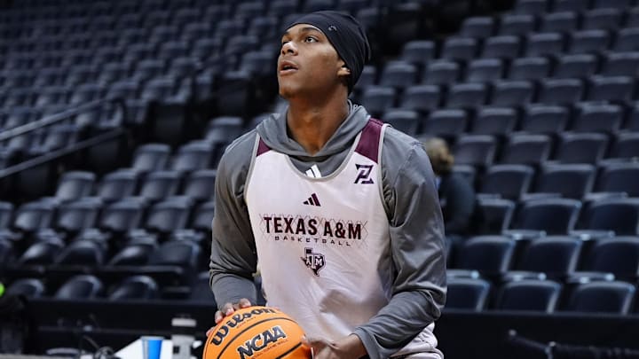 Mar 19, 2025; Denver, CO, USA; Texas A&M Aggies guard Zhuric Phelps (1) during practice at Ball Arena. Mandatory Credit: Ron Chenoy-Imagn Images