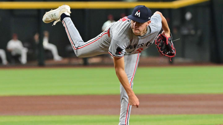 Jun 27, 2024; Phoenix, Arizona, USA;  Minnesota Twins pitcher David Festa (58) throws in the fourth inning against the Arizona Diamondbacksat Chase Field. Mandatory Credit: Matt Kartozian-USA TODAY Sports