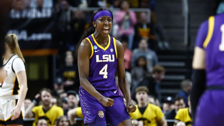 Apr 1, 2024; Albany, NY, USA; LSU Lady Tigers guard Flau'jae Johnson (4) reacts in the second