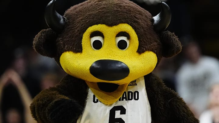 Mar 8, 2025; Boulder, Colorado, USA; Colorado Buffaloes mascot Chip performs in the second half against the TCU Horned Frogs at the CU Events Center. Mandatory Credit: Ron Chenoy-Imagn Images