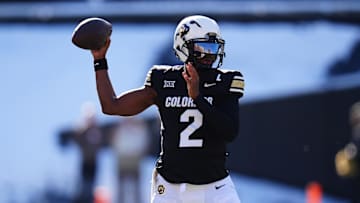 Colorado Buffaloes quarterback Shedeur Sanders (2) prepares to pass the ball in the third quarter against the Oklahoma State Cowboys at Folsom Field. 