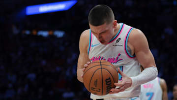 Jan 27, 2025; Miami, Florida, USA; Miami Heat guard Tyler Herro (14) reacts against the Orlando Magic during the third quarter at Kaseya Center. Mandatory Credit: Sam Navarro-Imagn Images