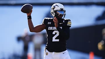 Nov 29, 2024; Boulder, Colorado, USA; Colorado Buffaloes quarterback Shedeur Sanders (2) prepares to pass the ball in the third quarter against the Oklahoma State Cowboys at Folsom Field.