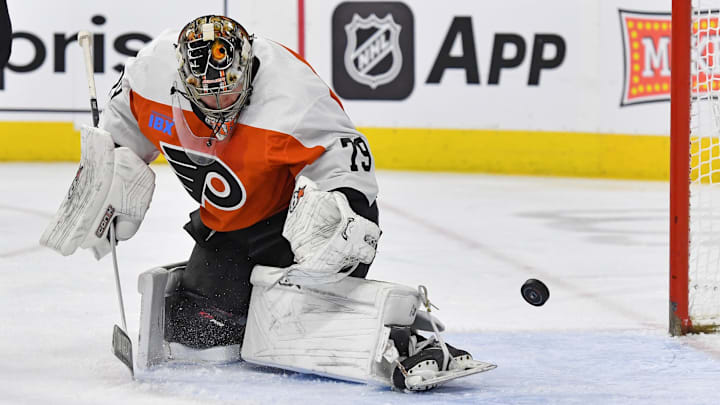 Jan 8, 2024; Philadelphia, Pennsylvania, USA;  Philadelphia Flyers goaltender Carter Hart (79) makes a save against the Pittsburgh Penguins during the second period at Wells Fargo Center. Mandatory Credit: Eric Hartline-Imagn Images