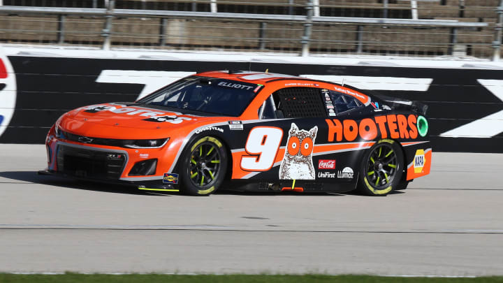 Apr 13, 2024; Fort Worth, Texas, USA;  NASCAR Cup Series driver Chase Elliott (9) during practice for the NASCAR Cup Series AutoTrader EchoPark Automotive 400 at Texas Motor Speedway.