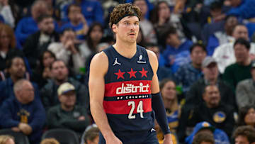 Jan 18, 2025; San Francisco, California, USA; Washington Wizards forward Corey Kispert (24) watches game play against the Golden State Warriors during the first quarter at Chase Center. Mandatory Credit: Robert Edwards-Imagn Images
