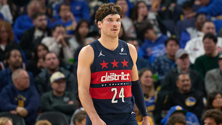 Jan 18, 2025; San Francisco, California, USA; Washington Wizards forward Corey Kispert (24) watches game play against the Golden State Warriors during the first quarter at Chase Center. Mandatory Credit: Robert Edwards-Imagn Images
