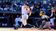 New York Yankees shortstop Anthony Volpe follows through on a solo home run against the Milwaukee Brewers.