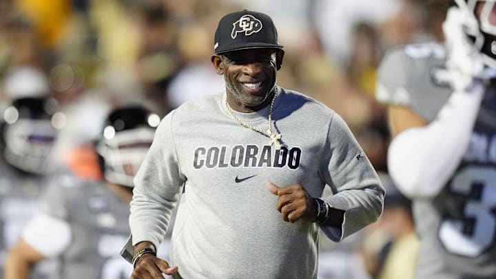 Sep 27, 2025; Boulder, Colorado, USA; Colorado Buffaloes head coach Deion Sanders reacts before the game against the Brigham Young Cougars at Folsom Field. Mandatory Credit: Ron Chenoy-Imagn Images