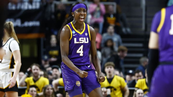 Apr 1, 2024; Albany, NY, USA; LSU Lady Tigers guard Flau'jae Johnson (4) reacts in the second quarter against the Iowa Hawkeyes in the finals of the Albany Regional in the 2024 NCAA Tournament at MVP Arena. Mandatory Credit: Winslow Townson-USA TODAY Sports