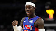 Mar 30, 2025; Minneapolis, Minnesota, USA; Detroit Pistons guard Dennis Schroder (17) reacts during the second quarter against the Minnesota Timberwolves at Target Center. Mandatory Credit: Matt Krohn-Imagn Images