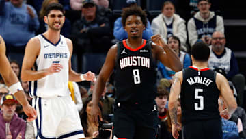 Jan 9, 2025; Memphis, Tennessee, USA; Houston Rockets forward Jae'Sean Tate (8) reacts during the third quarter against the Memphis Grizzlies at FedExForum. Mandatory Credit: Petre Thomas-Imagn Images
