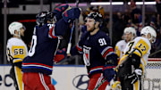 Dec 6, 2024; New York, New York, USA; New York Rangers right wing Reilly Smith (91) celebrates his goal against the Pittsburgh Penguins with left wing Chris Kreider (20) during the third period at Madison Square Garden. Mandatory Credit: Brad Penner-Imagn Images