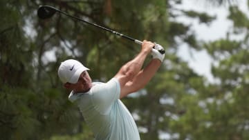 Jun 16, 2024; Pinehurst, North Carolina, USA; Rory McIlroy plays his shot from the second tee box during the final round of the U.S. Open golf tournament.