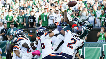 Oct 5, 2025; Philadelphia, Pennsylvania, USA; Philadelphia Eagles wide receivers A.J. Brown (11)] and Devonta Smith (6) reach for an incomplete pass on the final play of the game against the Denver Broncos at Lincoln Financial Field. 