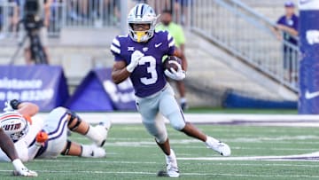 Aug 31, 2024; Manhattan, Kansas, USA; Kansas State Wildcats running back Dylan Edwards (3) finds room to run during the first quarter against the Tennessee-Martin Skyhawks at Bill Snyder Family Football Stadium. Mandatory Credit: Scott Sewell-USA TODAY Sports