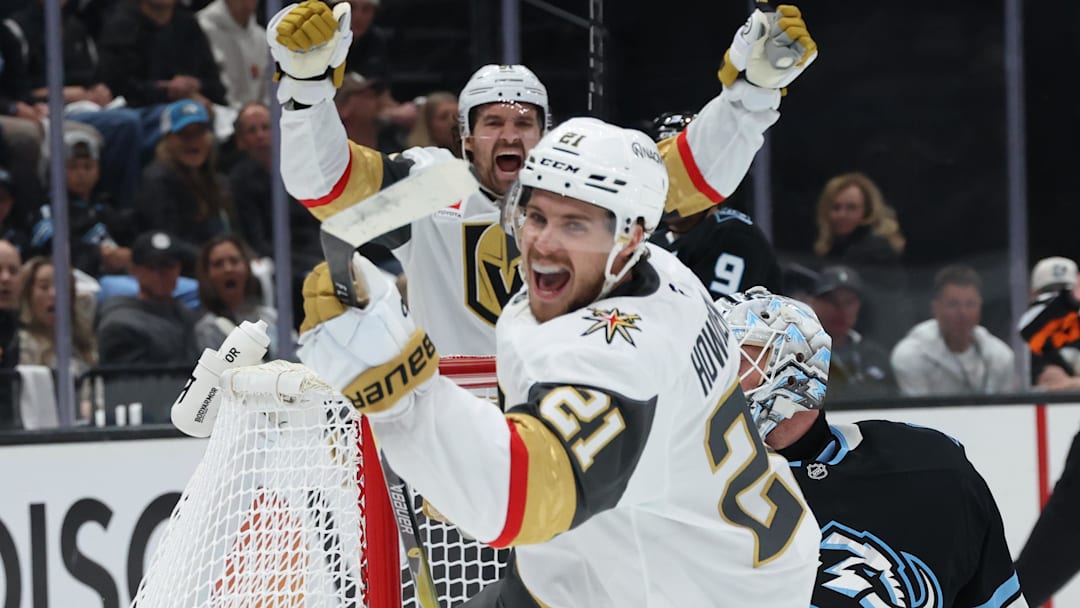 May 1, 2026; Salt Lake City, Utah, USA; Vegas Golden Knights center Brett Howden (21) celebrates scoring a goal against the Utah Mammoth during the first period in game six of the first round of the 2026 Stanley Cup Playoffs at Delta Center. Mandatory Credit: Rob Gray-Imagn Images