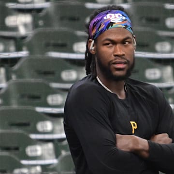 Jun 25, 2025; Milwaukee, Wisconsin, USA; Pittsburgh Pirates center fielder Oneil Cruz (15) looks on before game against the Milwaukee Brewers at American Family Field. Mandatory Credit: Benny Sieu-Imagn Images