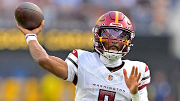 Oct 5, 2025; Inglewood, California, USA; Washington Commanders quarterback Jayden Daniels (5) Mandatory Credit: Jayne Kamin-Oncea-Imagn Images