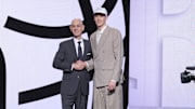 Jun 25, 2025; Brooklyn, NY, USA;  Egor Demin stands with NBA commissioner Adam Silver after being selected as the eighth pick by the Brooklyn Nets in the first round of the 2025 NBA Draft at Barclays Center. Mandatory Credit: Brad Penner-Imagn Images