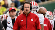 Oct 11, 2025; Eugene, Oregon, USA; Indiana Hoosiers head coach Curt Cignetti looks up at the scoreboard against the Oregon Ducks during the second quarter at Autzen Stadium. 