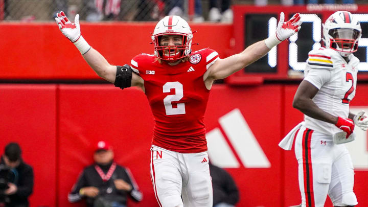 Nov 11, 2023; Lincoln, Nebraska, USA; Nebraska Cornhuskers defensive back Isaac Gifford (2) celebrates after an interception against the Maryland Terrapins during the third quarter at Memorial Stadium.