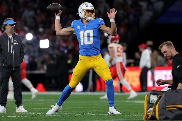 Los Angeles Chargers quarterback Justin Herbert during the warm up before a NFL game against the Kansas City Chiefs.
