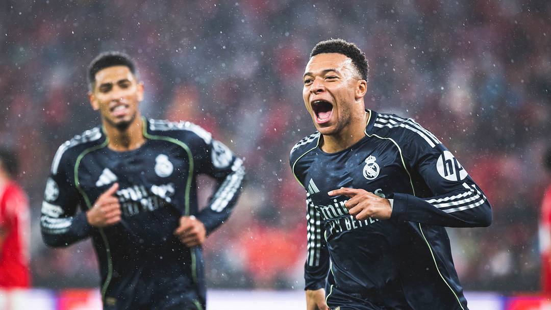 Kylian Mbappe of Real Madrid CF (R) celebrates the goal with Kylian Mbappe of Real Madrid CF (R) celebrates the goal with