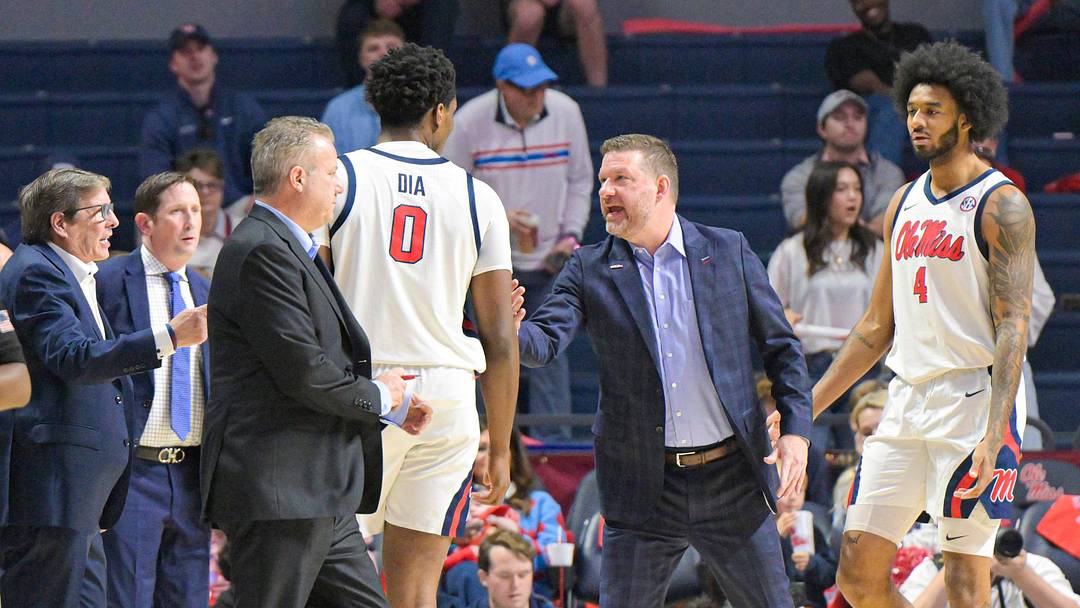 Mississippi Rebels head coach Chris Beard talks to Mississippi Rebels forward Malik Dia (0) during a timeout in a NCAA men’s college basketball game at the Sandy and John Black Pavilion at Ole Miss in Oxford, Miss. on Saturday, Feb. 14, 2026.